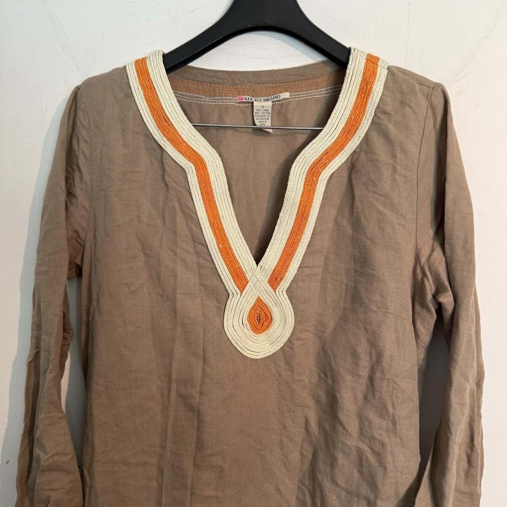 Lucky Brand Linen Dress Small Boho Tunic Taupe Embroidered V Neck Beach Resort - Picture 2 of 5